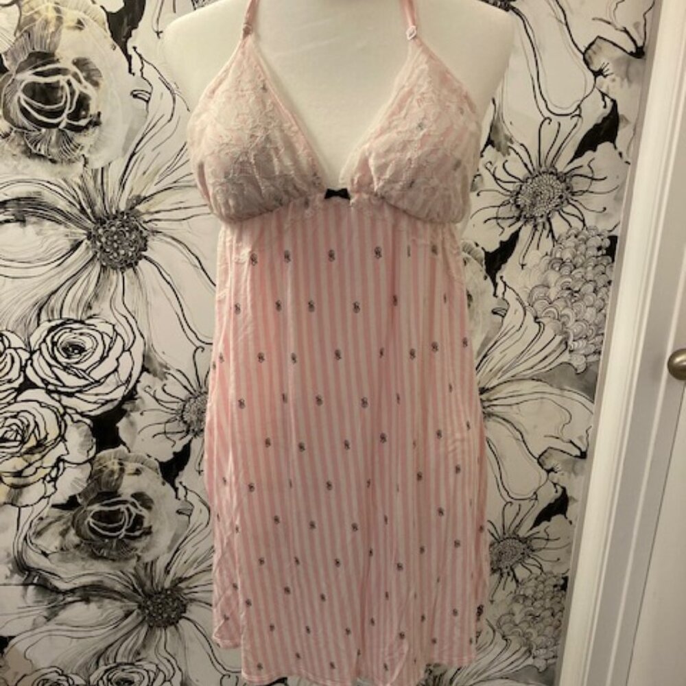 VICTORIA'S SECRET Women's Nightie Lingerie Pink White Striped Lace Back SIZE LRG